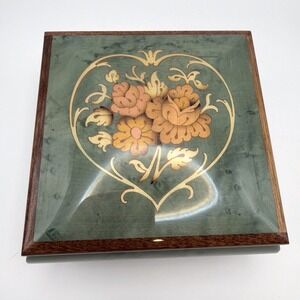 VTG Reuge Italian Marquetry Wood Music Box Plays Swan Lake Smithsonian 5.25"